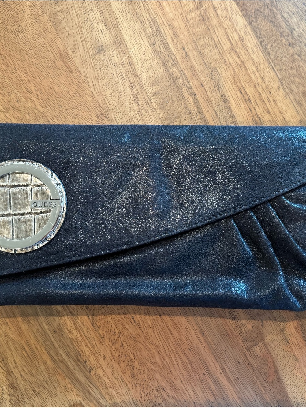 NWOT Guess Black Metallic Envelope Clutch with Silver Logo